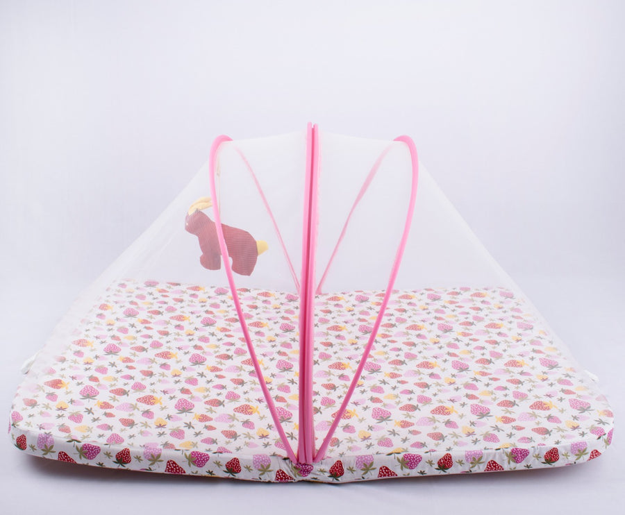 Blooming Buds Mattress with Net and Hanging Toy - Strawberry Print