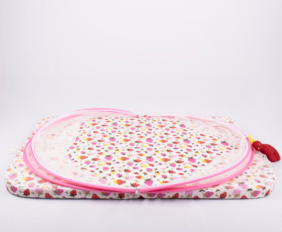 Blooming Buds Mattress with Net and Hanging Toy - Strawberry Print